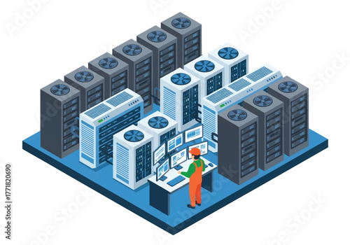 Isometric 3D vector of secure data center with server racks, technician monitoring screens, and cooling units, cloud computing and cybersecurity theme