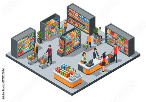 Isometric 3D flat vector of supermarket with customers shopping and paying at cashier, retail business concept