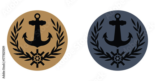 Anchor, Ship Wheel, and Laurel Crest or Emblem Set