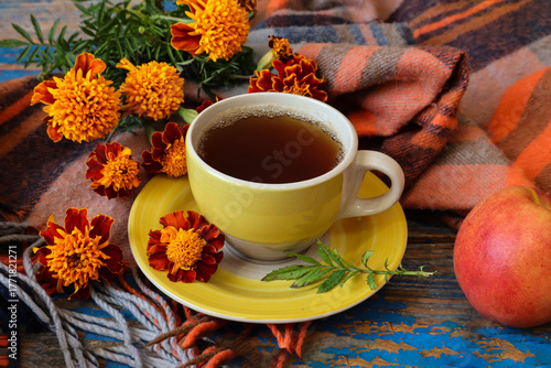 Autumn Tea Party: A yellow cup of tea with autumn flowers against a brown shawl