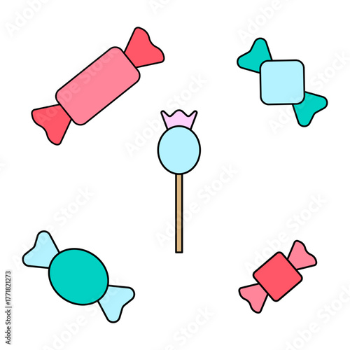 Candy vector icon. Flat colorful set of sweets logo with lines. Candies in thin style.