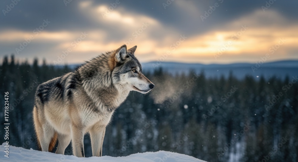 Fototapeta premium Majestic gray wolf stands proudly on a snowy peak, exhaling breath in the crisp winter air against a dramatic twilight sky and a serene forest backdrop.