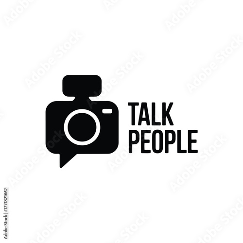 Camera icon with speech bubble and text talk people on white background