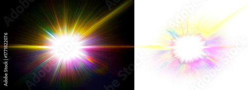 Radiant rainbow light burst with glowing lens flare effect and bright abstract energy explosion vector abstract background