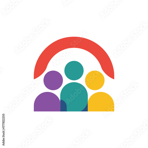 Colorful abstract people icons under protective arch symbolizing community and safety