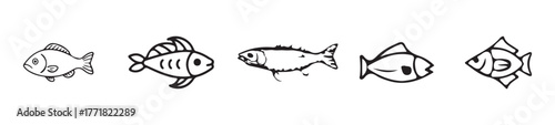 Seafood icon set, fish graphic design, fish symbol, fish food apps, fish food websites, different kinds of fish, vector Illustration EPS 10.