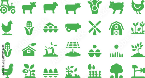 Farming and Agriculture Silhouette Icon Set – Tractor, Barn, Greenhouse, Livestock, Wheat, Crop Cultivation, Sustainable Farm, Vector Icons