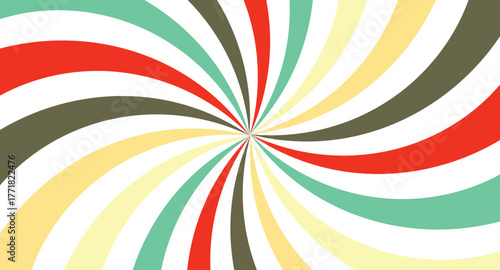 retro starburst sunburst background pattern and grunge textured vintage color palette of orange, red, beige, peach, and blue in spiral or swirled radial striped vector design