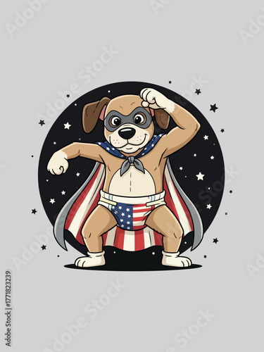 Cartoon dog dressed as a superhero with american flag cape and diaper on a black starry background