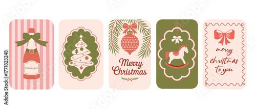 A festive vector illustration of a set of Christmas gift tags with flowers and red winter decoration icons