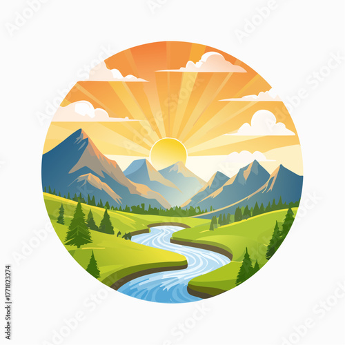 "A breathtaking view of tall mountains with the sun rising behind soft morning mist, golden-orange sky, and a winding river through the valley