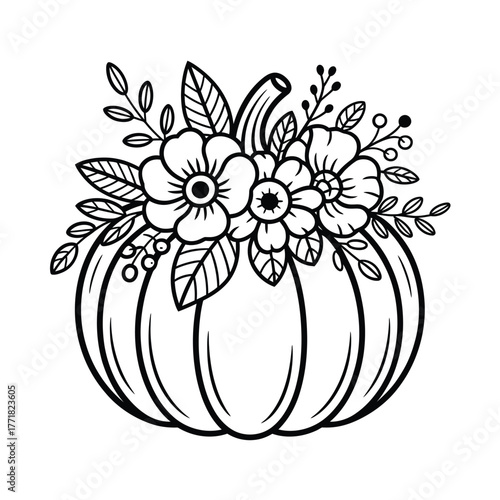 Hand drawn outline pumpkin decorated with flowers and leaves autumn harvest illustration