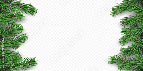 Vector frame with pine tree branches and shadows, isolated on a transparent background. Holiday border fir tree branch for winter banner, poster, greeting card.