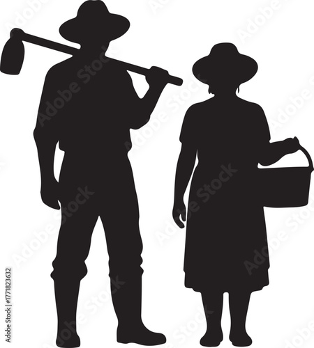 Silhouette illustration of a vintage farming couple standing together, the man holding a hoe over his shoulder and the woman carrying a basket, symbolizing rural life