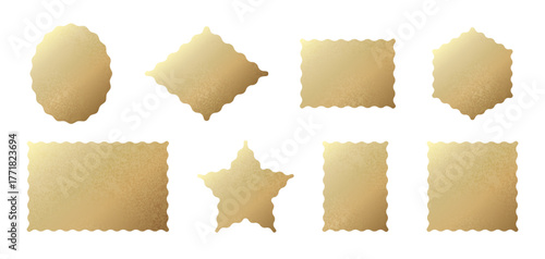 Gold Foil Stickers Set. Y2K Golden Holograph Textured Geometric Seal Mark Shapes with Wavy Wiggled Borders Collection. Vector Circle and Square Medal Iridescent Certificate Tags Templates. Isolated