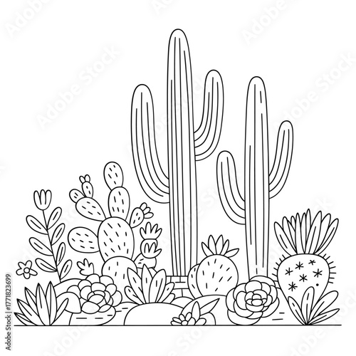 Line art illustration of a desert landscape with saguaro and prickly pear cacti