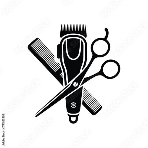 Classic barber tools including clippers scissors and comb in a stylized illustration