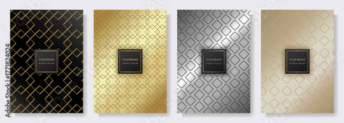 A luxurious set of 4 elegant poster templates on black, gold, silver, and beige backgrounds