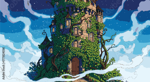 Enchanted Tower in the Clouds A Pixel Art Fantasy Landscape of an Ivy-Covered Castle