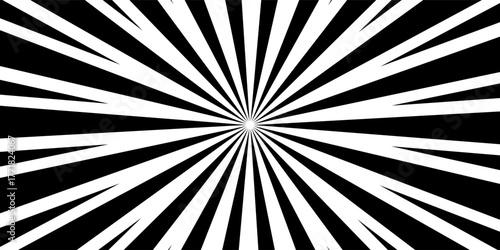 Sun ray light. Sun rays background. Radial burst. Sunburst black pattern isolated on white background. Beams line. Radiate sunlight. Comic effect texture. Retro pop art stripe. Vector illustration