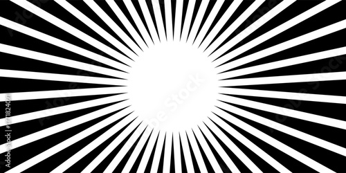 Sun ray light. Sun rays background. Radial burst. Sunburst black pattern isolated on white background. Beams line. Radiate sunlight. Comic effect texture. Retro pop art stripe. Vector illustration