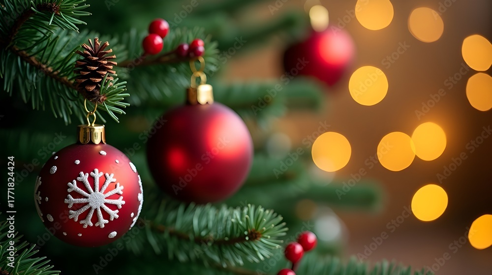 Fototapeta premium Christmas holidays banner, tree, bokeh background