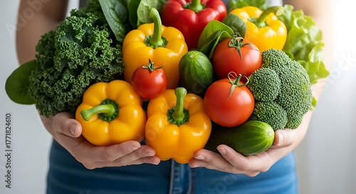 Fresh Colorful Vegetables in Hands on White Background
