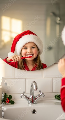 Holiday cheer: girl brushing teeth in santa hat for christmas morning routine and dental care