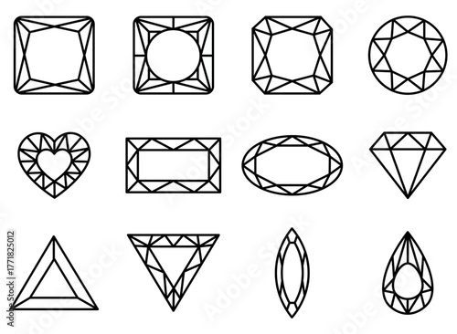 Collection of 12 vector icons showing different gem and diamond facet outlines. Jewelry symbols, faceted stone shapes, line art collection.