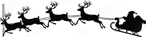 Silhouette of Santa Claus riding in a sleigh pulled by four reindeer.