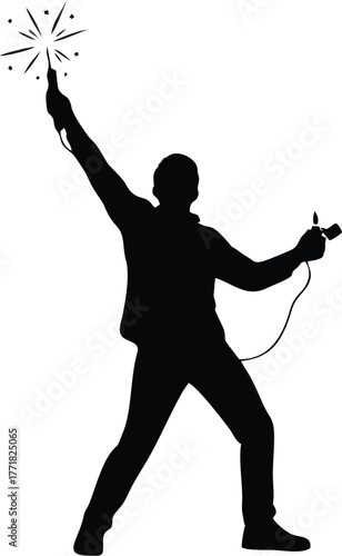 Silhouette of a welder standing with arm raised, holding a welding torch emitting sparks.