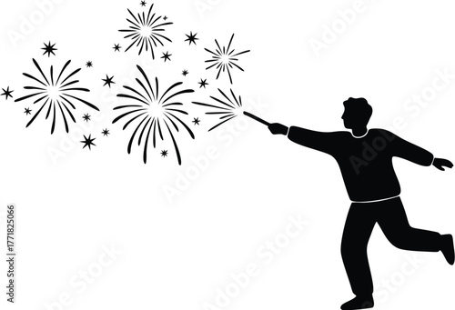 Silhouette of a person running and holding a sparkler, with fireworks exploding in the background.