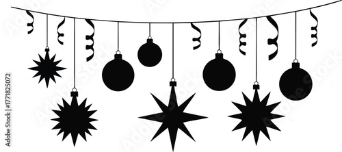 Festive holiday garland with ornaments, stars, and ribbons hanging from a string.