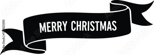 Black ribbon banner with the text "Merry Christmas" in white letters, isolated on a white background.