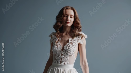 Elegant woman white lace dress with intricate floral pattern, wavy hair, serene mood, graceful fashion beauty, sophisticated bridal gown