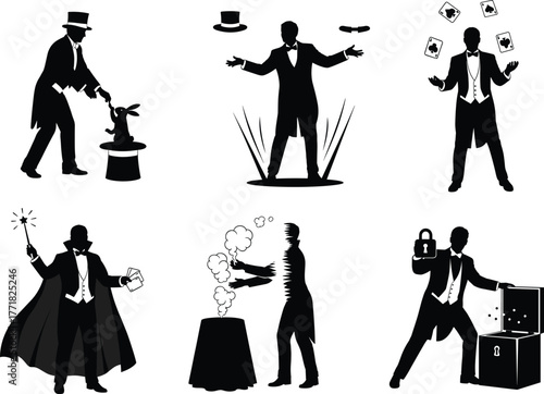 Magician silhouette, magic trick poses, black illustration, stage illusion, top hat, wand, rabbit, cards, escape act, performance art