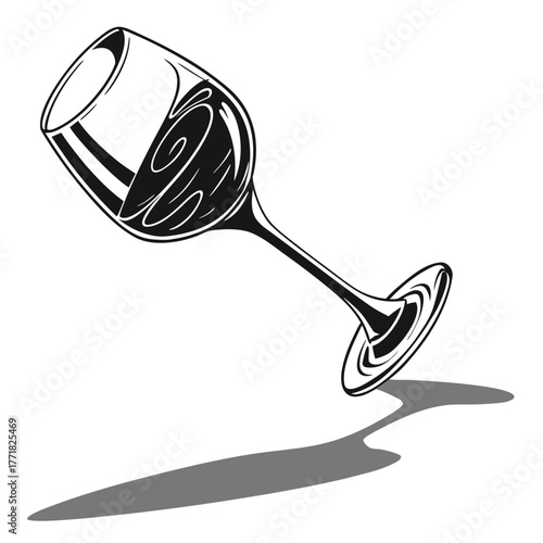 Black and White Illustration of a Wine Glass Tilted with Liquid beverage