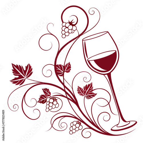 Decorative Wine Glass with Grapes and Swirls vines