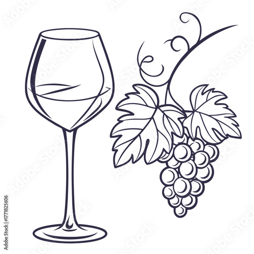 Outline of Wine Glass and Grapes on Vine with Leaves vineyard