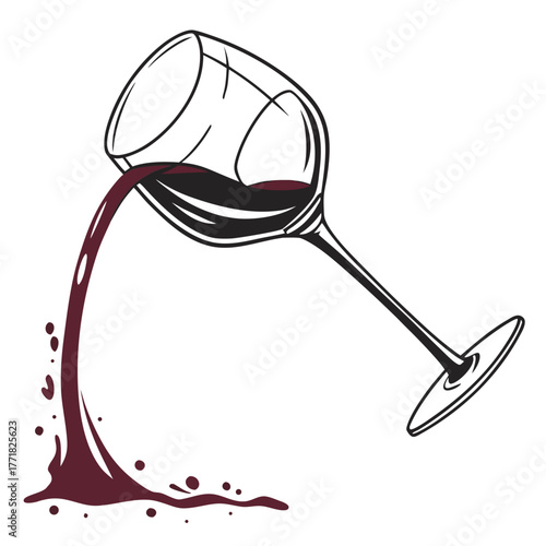 Red Wine Pouring from Tilted Wine Glass with Splashes vector illustration