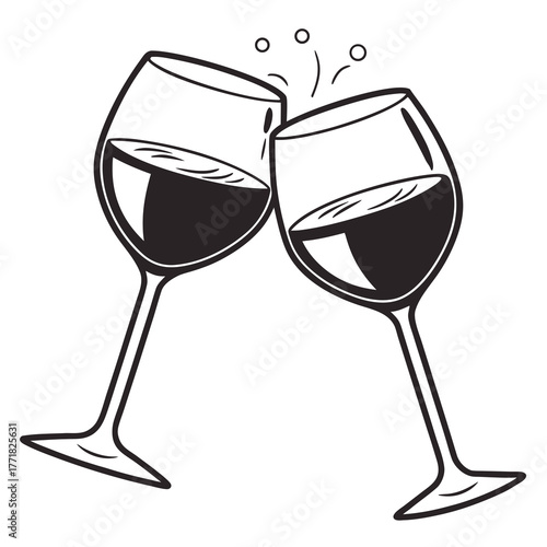 Two Wine Glasses Clinking in Black and White Illustration Keywords: wine, glasses, clinking