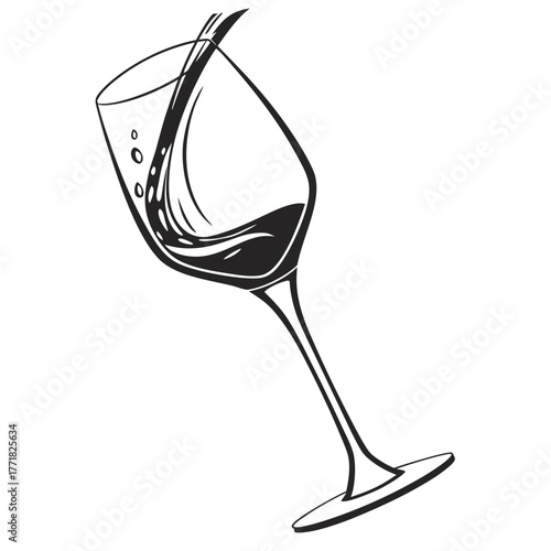 Black and White Illustration of Red Wine Pouring into a Wine Glass drink