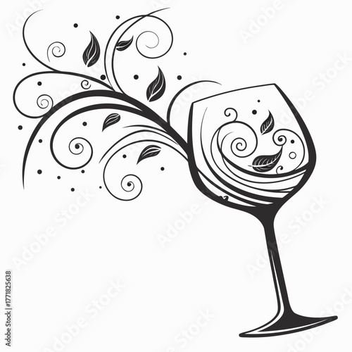 Wine Glass with Swirling Floral Design and Leaves vector illustration