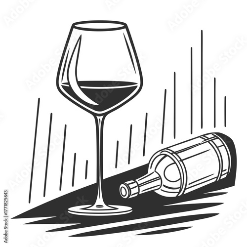 Black And White Illustration Of Wine Glass And Fallen Bottle beverage alcohol