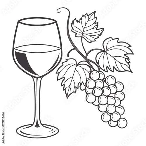 Wine Glass with Grapes on Vine and Leaves in Outline vineyard