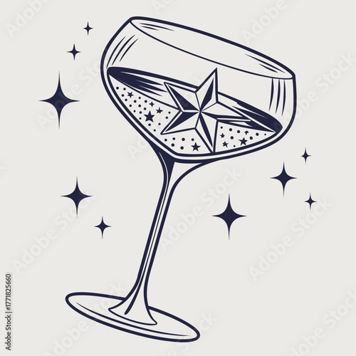 Star- Filled Wine Glass with Sparkles on Light Background drink beverage