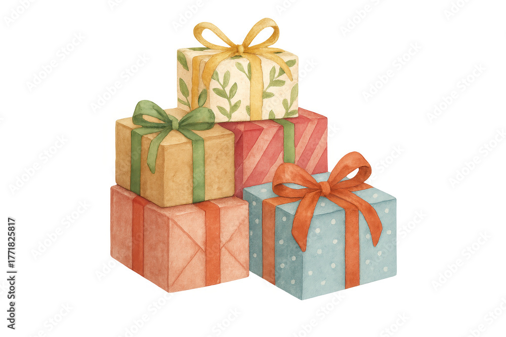 Obraz premium Stack of watercolor gift boxes with bows, celebrating holidays, birthdays, special occasions, and festive events