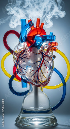 Wallpaper Mural Glass human heart anatomically connected with colorful tubes and smoke, symbolizing unhealthy habits or addiction. Torontodigital.ca