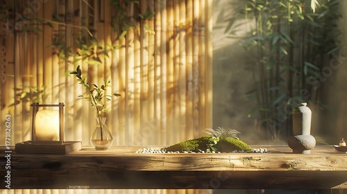 A calming desk with a small zen garden and soft ambient light
