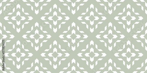 Vector seamless pattern with abstract ethnic motif. Modern geometric floral folk ornament. Simple green and white background texture with grid, flower silhouettes. Repeat design for textile, print